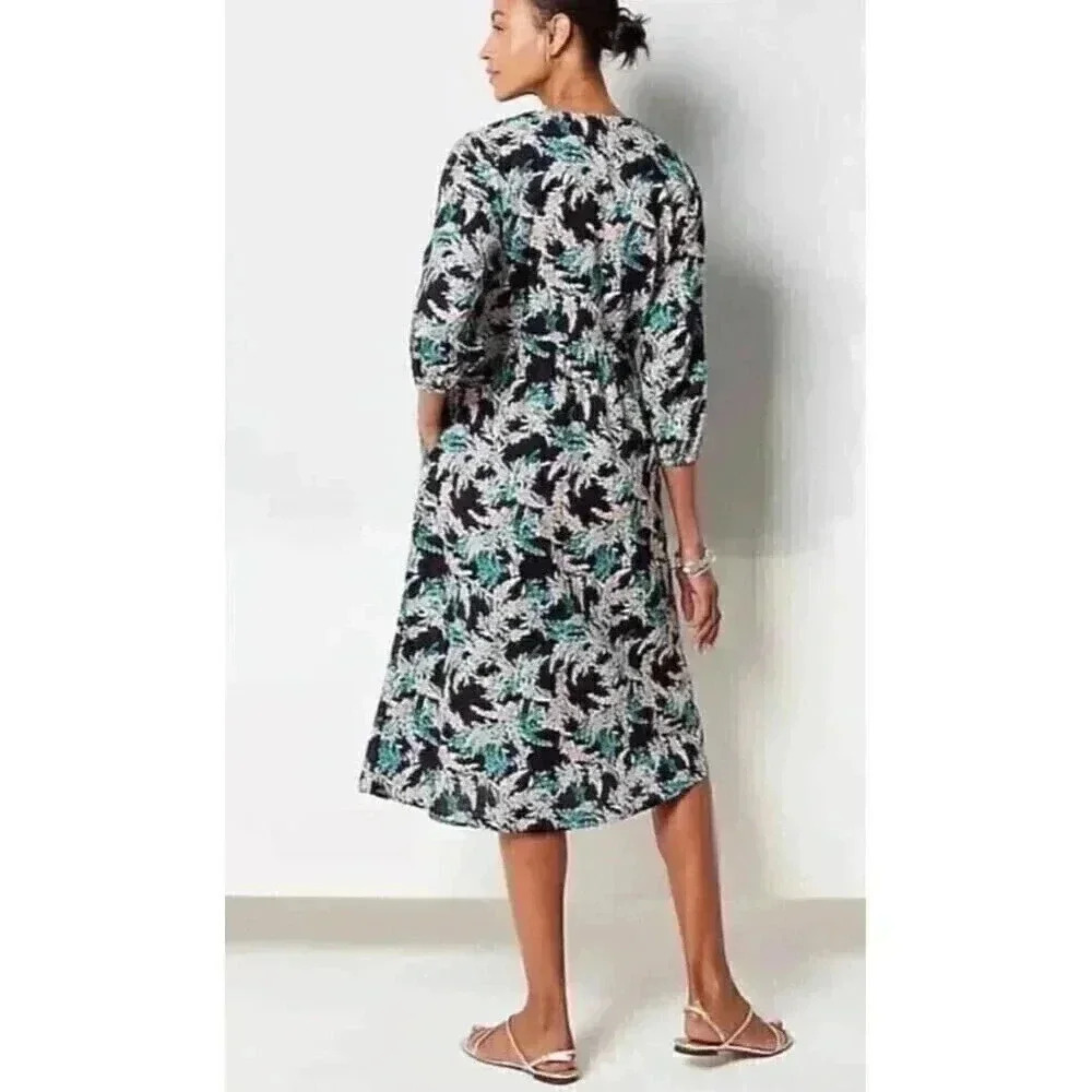 J. Jill Dress Womens S Blue Green Floral Cotton Puff Sleeve Pockets Midi - Picture 2 of 11